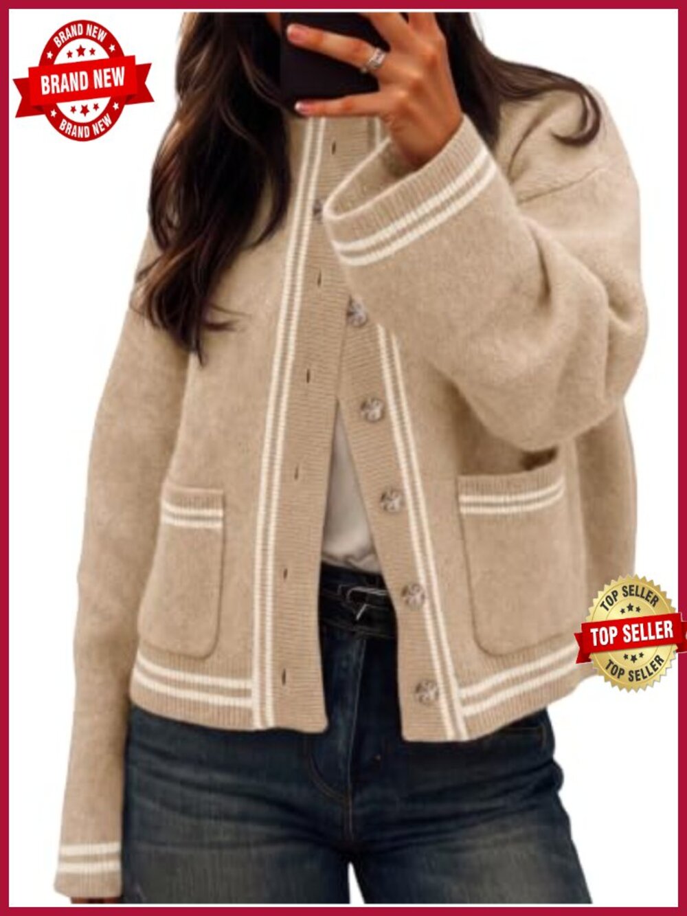 Chunky Knit Cardigan Striped Trim Mock Neck Sweater